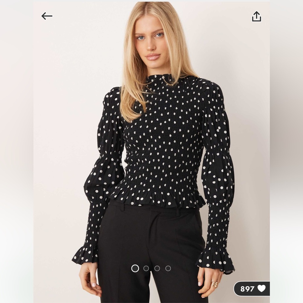YAS Black Polka Dot Smocked Long-Sleeve Top ASOS